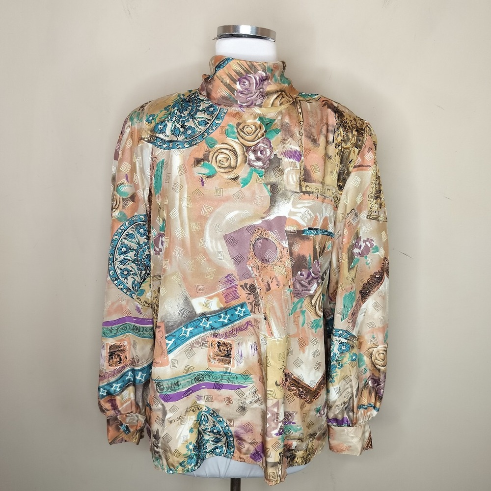 Bedford Fair Vintage‎ Blouse Floral Mixed Pattern Satin Tie Neck